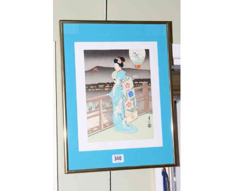 After Sabanobu Hasegawa, 'Maiko, Girl on bonfire evening', Japanese woodblock print, framed