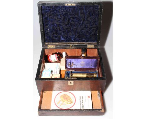 Antique box with cased brass microscope, etc