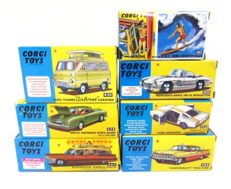 SEVEN CORGI MODEL CLUB (RE-ISSUE) DIECAST MODEL VEHICLES  comprising a No.485, B.M.C. Mini Countryman; No.420, Ford Thames Ai