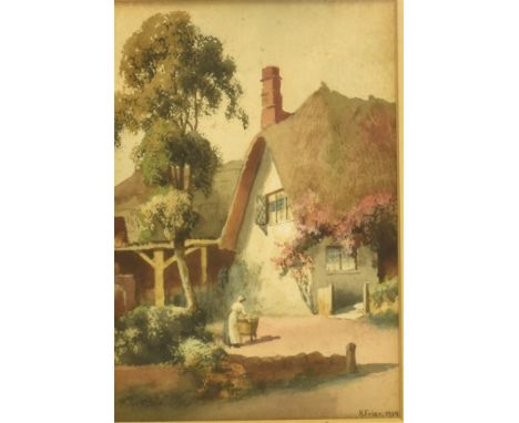 HARRY FRIER (BRITISH, 1849-1921)  Alphington, near Exeter: Thatched Cottage and Washer-Woman,  watercolour and bodycolour, si