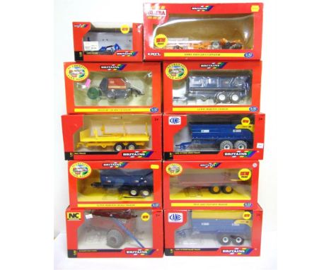 A 1/32 SCALE BRITAINS MODEL FARM IMPLEMENT COLLECTION  comprising a No.42701, Kane 16 Tonne Grain Trailer; No.42700, Kane 16 