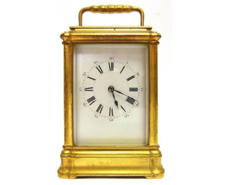 A FRENCH GILT-BRASS CARRIAGE CLOCK, HENRI JACOT, PARIS  late 19th century, the white enamel dial with black Roman numerals, f