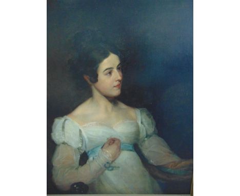 ENGLISH SCHOOL (EARLY 19TH CENTURY)  Portrait of a lady in a white dress, half length,  oil on canvas, unsigned, 84.5cm x 68c