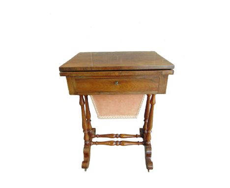 A 19TH CENTURY ROSEWOOD COMBINATION GAMES &amp; WORK TABLE the fold-over top revealing chess, backgammon and cribbage playing