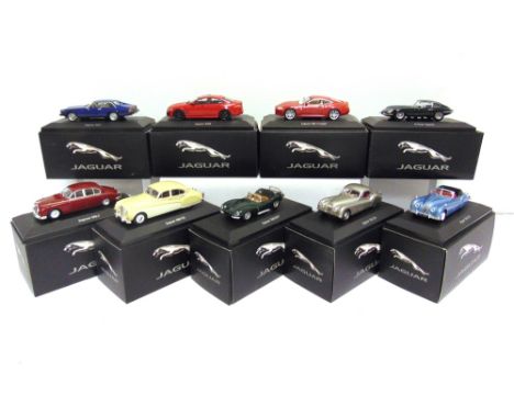 NINE 1/43 SCALE ATLAS EDITIONS MODEL JAGUAR CARS  comprising an XK120, silver; XK140, metallic blue; MK VII, two-tone pale bu