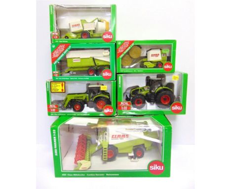 A 1/32 SCALE SIKU MODEL TRACTOR &amp; FARM IMPLEMENT COLLECTION comprising a No.3280, Claas Axion 950; No.4252, Claas Lexion 