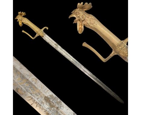 French infantry sword, late 18th century. The straight blade has a fuller on each side and is etched with a sun and moon. Bra
