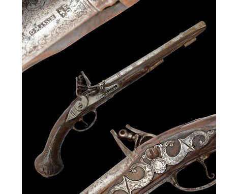 Belgian flintlock pistol, Gunsmith Gilles Massin, second quarter of 18th Century. The barrel is decorated with engraving and 