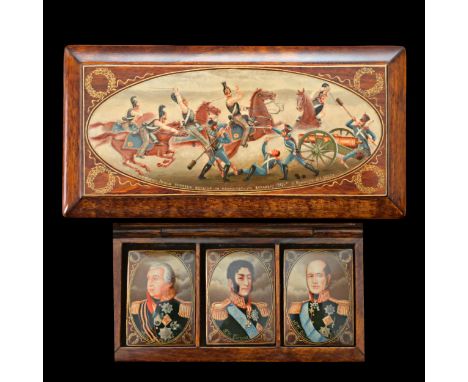 Lacquer miniature, Russia 1993, box with portraits of generals of the Russian army and the battles of 1812. Wooden box depict