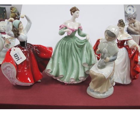 Royal Doulton Figurines, 'Sara', Congratulations', 'Karen' and Nao girl with rabbit. (4)