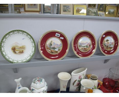 Three Prattware Plates, hand painted with remote castle and river scene within Greek key border, 22.5cm diameter, Royal Worce