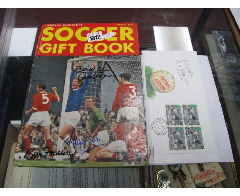 Football Autographs - Alan Ball, Bill Foulkes, Alex Stepney, signed on a Charles Buchan's annual, Jimmy Greaves autograph on 