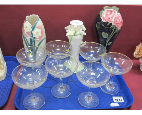 Franz Porcelain Vase, with rose decoration; together with a Franz vase, candlestick; together with seven Babycham glasses:- O