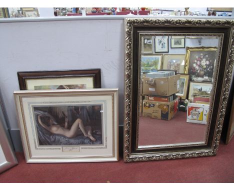 A Rectangular Shaped Wall Mirror, with silvered border, bevelled glass 83 x 113cm, together with two prints.