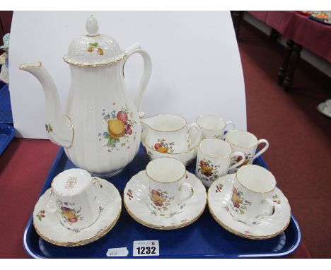 Early Worcester 'Delecta' Coffee Set, hand painted with fruit on a white fluted ground.