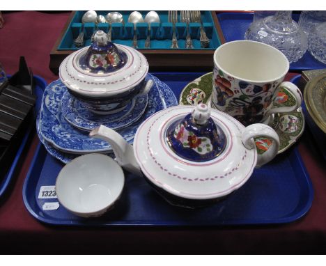 Copeland Spode 'Italian' Blue-White Plates, XIX Century Gaudy Welsh mug etc, XIX Century ironstone plate etc:- One Tray.