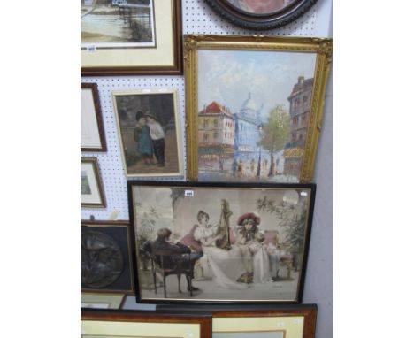 Burnett, oil on canvas, Parisian scene signed bottom right 50 x 39cm. S.W Norton, oil on canvas of a boy and girl, signed bot