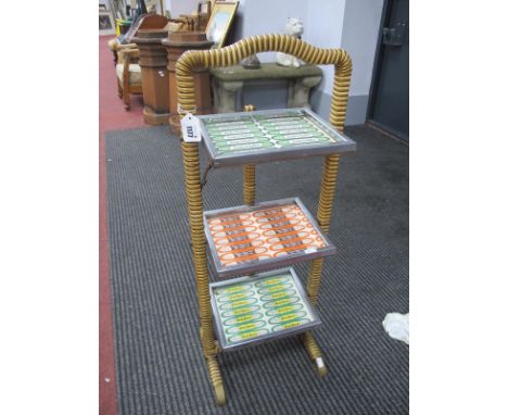 A Circa 1950's Art Deco Style Three Section Folding Cake Stand, with vintage advertising to each chrome shelf.