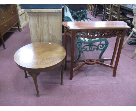 A XX Century Walnut Circular Coffee Table, on cabriole legs, together with a hardwood console table.