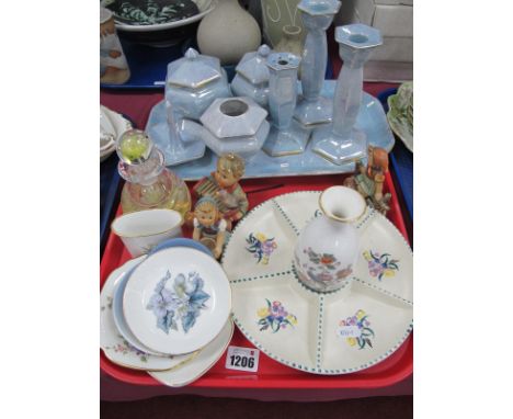 Three Goebel Figures, Carlton ware dressing table set, Poole sectional dish:- One Tray