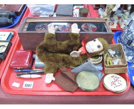 Early XX Century Lantern Slides, Royal Favourite pen, monkey glove puppet, compacts, etc:- One Tray.