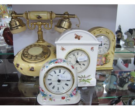 Aynsley Orchard 'Gold China' Telephone, and mantle clock, together with two other mantle clocks. (4).