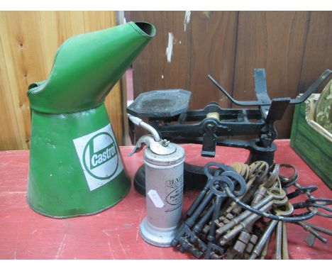 A Castrol Oil Can, 26.5cm high, Eagle pump oiler, scales and weights, keys.