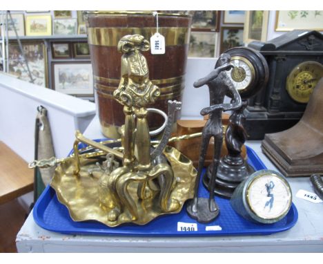 Stylised Metal Figure of a Performer, brass fire dogs, tray, toasting fork, clock on oak stand, book ends, etc:- One Tray.