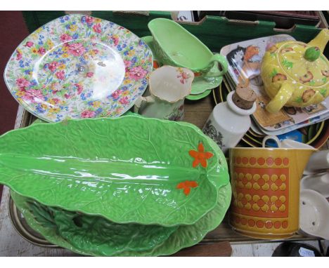 Midwinter 'Chintz' Pedestal Cake Plate, Beswick and Carlton Ware leaf dishes, stylised cat collectors plates, etc:- One Tray