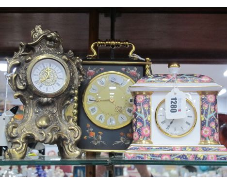 Le Castel (Swiss Made) Mantel Clock, with gilded brass handle, columns painted flower decoration, dial with Roman numerals on