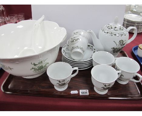 Hendricks 'A Most Unusual Gin,' pottery coffee pot, six cups and saucers, punch bowl and ladle,