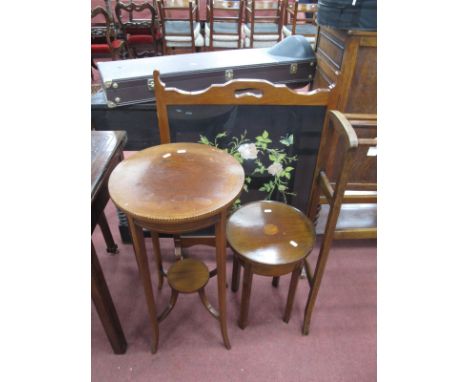 An Edwardian Mahogany Inlaid Jardiniere Stand, a smaller jardiniere, stand, and a mahogany fire screen. (3).