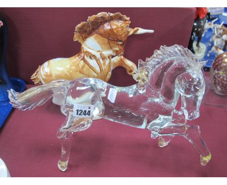 A Murano Glass Sculpture of a Horse, with gilt details, etched mark, 29cm long; A Paula Humphris Pottery Model of a Unicorn, 