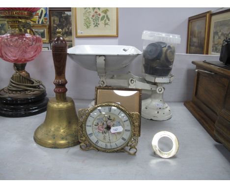 Painted Scales and Weights, brass bel, clock, photo frame.
