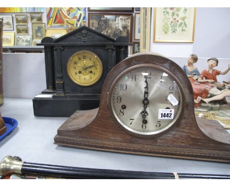Leonard Hall, Paris Slate Cased Mantle Clock, 35.5cm wide, Westminster chimes oak cased mantle clock. (2)