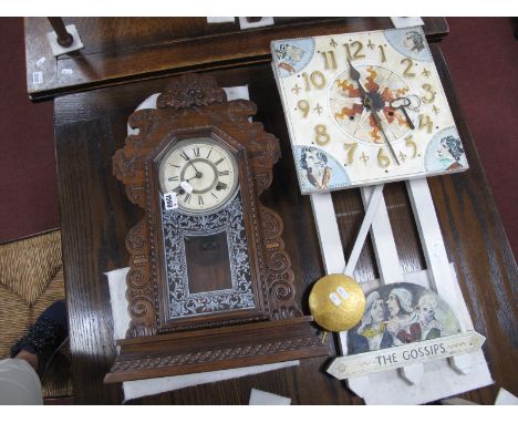 An Early XX Century Wall Clock, eight day movement, Arabic numerals later painted with figural, corners and 'The Gossips' to 