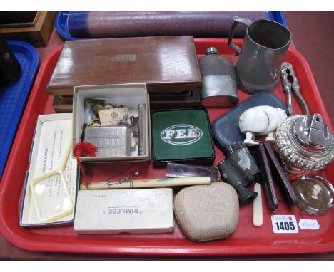 Enamel Badges, drawing instruments in a mahogany box, Ronson table lighter, Whiskey flask:- One Tray.