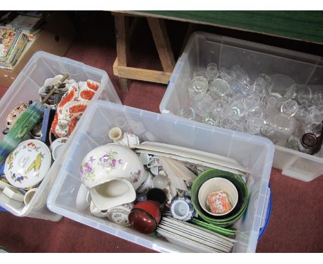 Glassware, ceramics, Paragon 'Stirling' plates, Worcester 'Evesham', Staffordshire dog, etc:- Three Boxes.