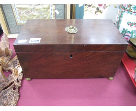 A Mid XIX Century Mahogany Tea Caddy, (lacking contents), of rectangular form, the lid with brass ring handle and raised on b