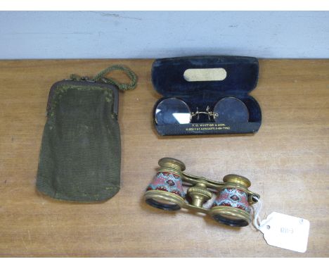 A Tygmalion Constantinople Enamel Opera Glasses, together with a pair of spectacles. (2).