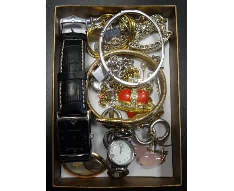 SELECTION OF COSTUME JEWELLERY AND WRISTWATCHESincluding a portrait pendant in unmarked gold, a pair of rose quartz earrings,