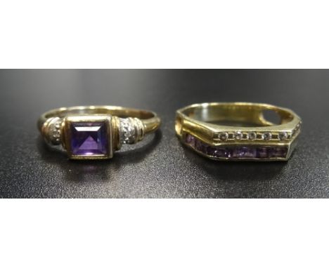 AMETHYST AND DIAMOND RINGthe central square cut amethyst flanked by a small diamond to each shoulder, on nine carat gold shan