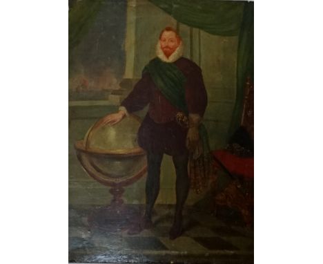 SIR FRANCIS DRAKE a colour full length portrait print, laid on wooden panel, the verso with an engraved portrait print of Dra
