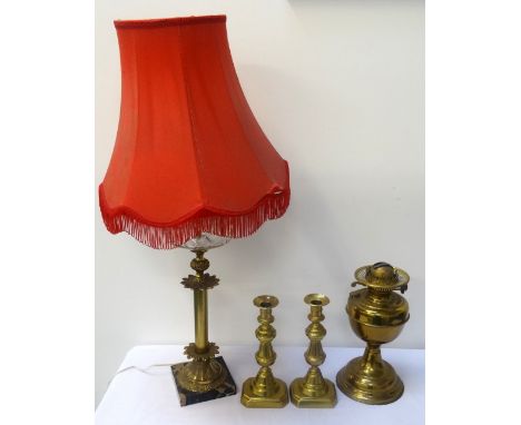 SMALL COLLECTION OF BRASSWAREcomprising a pair of Duplex brass based oil lamps with glass flutes and opaque glass shades; a s