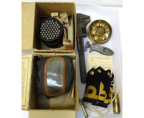 COLLECTION OF BRITISH MILITARY AND CIVILIAN ITEMSincluding a WWII Civil Defence helmet, two period civilian gasmasks with box