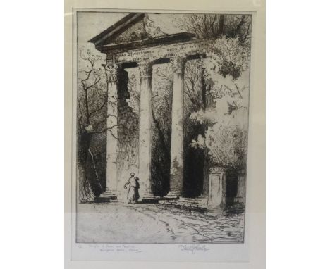 STUART JOHNSTON (Scottish, early 20th century)'Temple of Ceres and Faustina, Borghese Gdns, Rome', etching, signed, 26cm x 18
