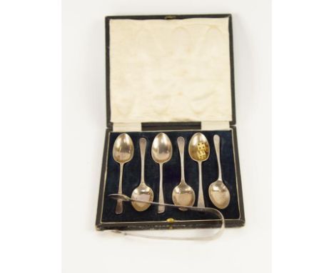 A set of six silver teaspoons, with engraved flowerhead decoration, Sheffield 1912, in a fitted case, and a pair of Georgian 