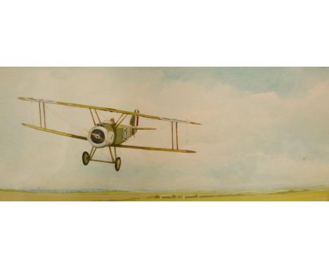 Bill Austin. Sopwith camel in flight (France 1918) watercolour, signed, 12cm x 27cm.