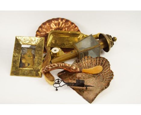 A quantity of brassware, to include inkwell, wall light, photograph frame etc (tray).