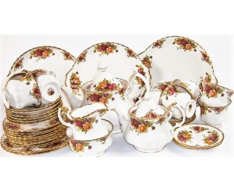 Royal Albert Old Country Roses teaware, including two teapots, milk jug and sugar basin, (2 trays).